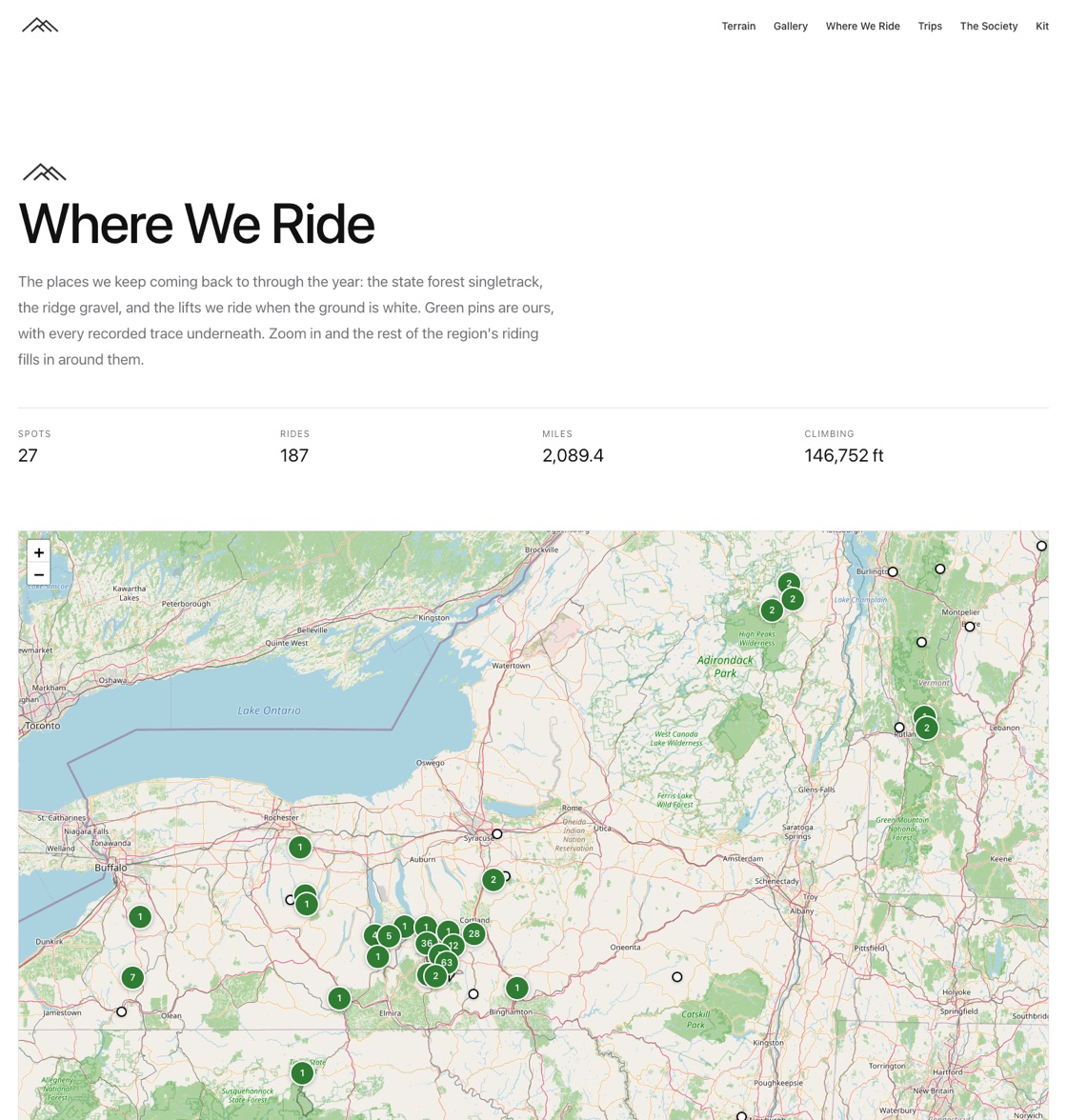 All Terrain Society's Where We Ride page on desktop: totals for spots, rides, miles and climbing above a map of New York and Vermont, with green pins numbered by the rides at each spot