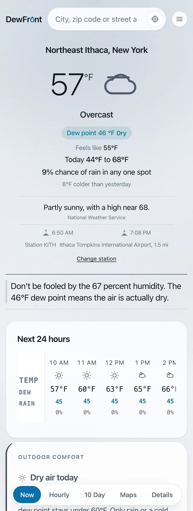 DewFront on a phone: the Now screen leads with the temperature, the dew point and its comfort word, then a plain sentence about how the air will feel
